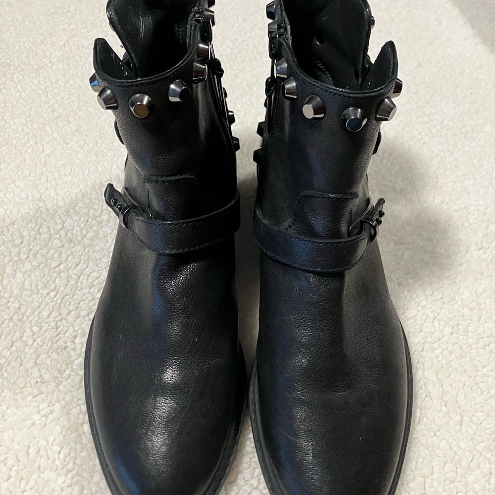 Stuart Weitzman Black Combat Moto Boots with Buckle Details